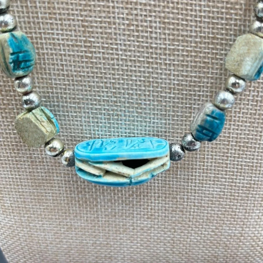 Vintage Egyptian Revival Scarab Beetle Beads Necklace & Filigree‎ Bracelet Set